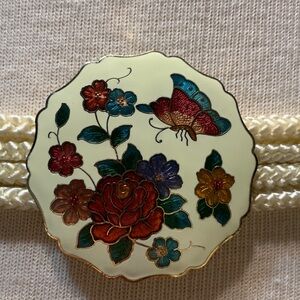 80’s ENAMELED BRASS STRETCH CORDS BELT GARDEN BUTTERFLY MOTIF MADE IN TAIWAN
